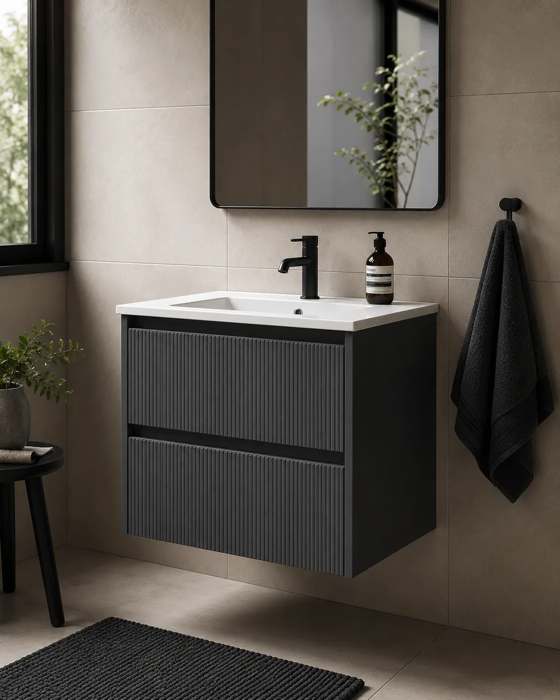 Harma basin cabinet with washbasin, black aluminum profiles, matt grey, 60×46×50 cm — in bathroom