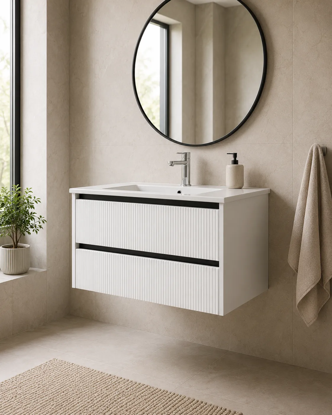 Harma basin cabinet with washbasin, black aluminum profiles, matt white, 80×46×50 cm — in bathroom