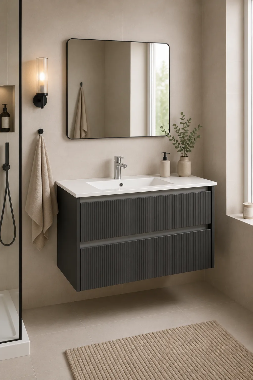Harma basin cabinet with washbasin, aluminum profiles, matt grey, 80×46×50 cm — in bathroom
