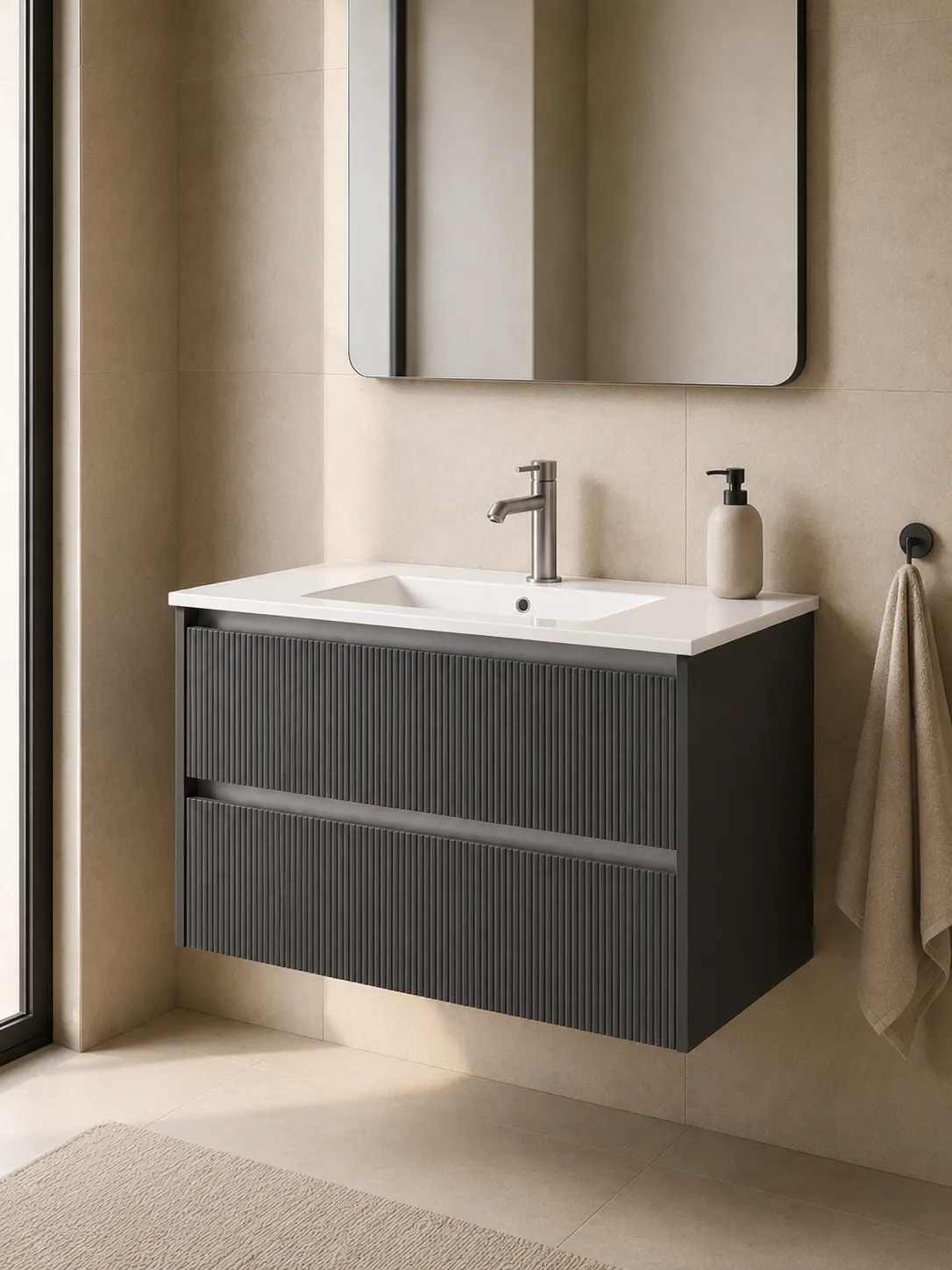 Harma basin cabinet with washbasin, aluminum profiles, matt grey, 100×46×50 cm — in bathroom